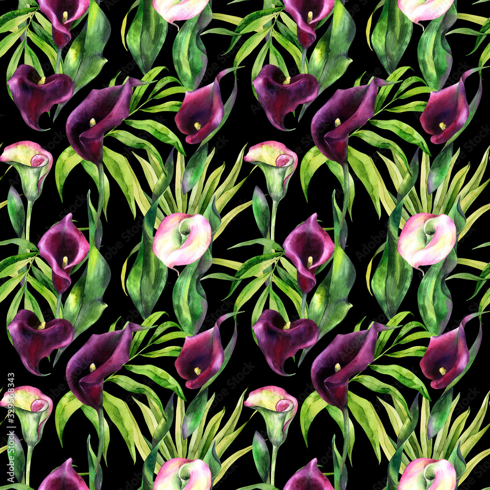 Watercolor seamless pattern with calla lily purple calla flowers, palm leaves, houseplant botanical, tropic drawing. Stock illustration. Fabric wallpaper print texture. Watercolor seamless pattern with calla lily purple calla flowers, palm leaves, houseplant botanical, tropic drawing. Stock illustration. Fabric wallpaper print texture.