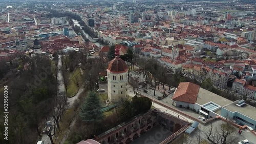 Graz, Austria 10.03.2020 - The historic city center aerial view. Mount Schlossberg Castle Hill, Aerial View photo