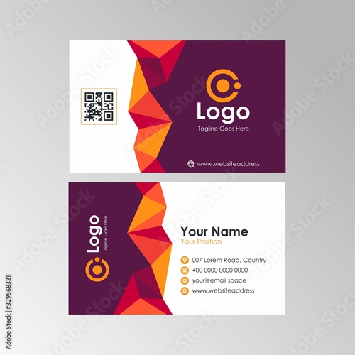 Simple abstract colorful geometric business card with purple, red, yellow color design, professional name card template vector