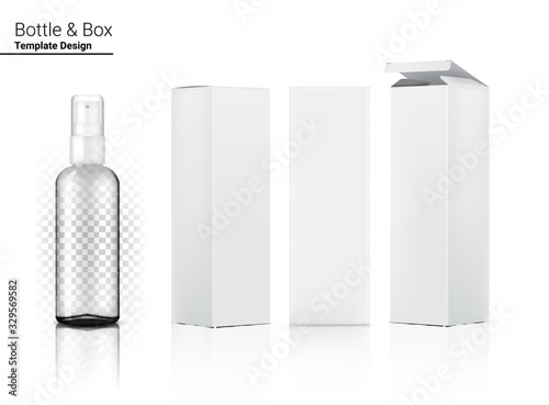 Spray Bottle Transparent Mock up Realistic Cosmetic and Box for Skincare Product or medicine on White Background Illustration. Health Care and Medical Concept Design.
