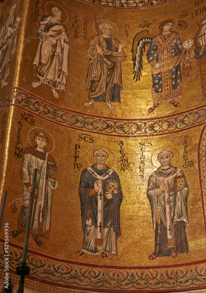 Frescoes and interior of Monreale Cathedral, church in Monreale, Metropolitan City of Palermo, Sicily, southern Italy