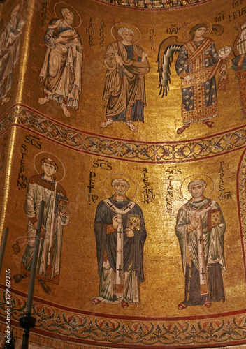 Frescoes and interior of Monreale Cathedral, church in Monreale, Metropolitan City of Palermo, Sicily, southern Italy