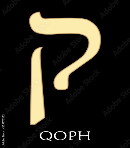 Hebrew letter qoph, nineteenth letter of hebrew alphabet, meaning is ear needle, vector alefbet
