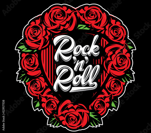 Vector template with guitar plectrum, calligraphic inscription and roses