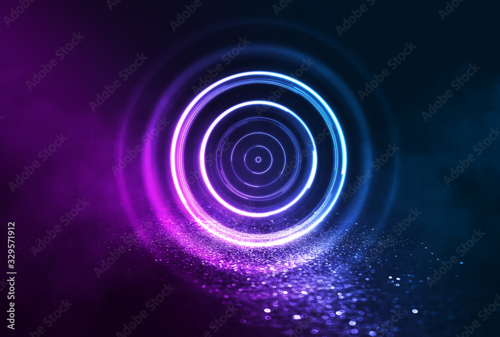 Dark abstract futuristic background. The geometric shape of the cyber circle in the middle of the scene. Neon blue-pink rays of light on a dark background Dark abstract futuristic background. The geometric shape of the cyber circle in the middle of the scene. Neon blue-pink rays of light on a dark background