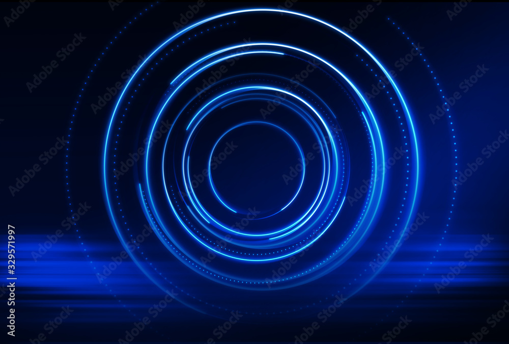 Dark abstract futuristic background. The geometric shape of the cyber circle in the middle of the scene. Neon colored rays of light on a dark background. Dark abstract futuristic background. The geometric shape of the cyber circle in the middle of the scene. Neon colored rays of light on a dark background.
