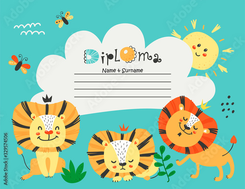 Diploma template with lions for kids