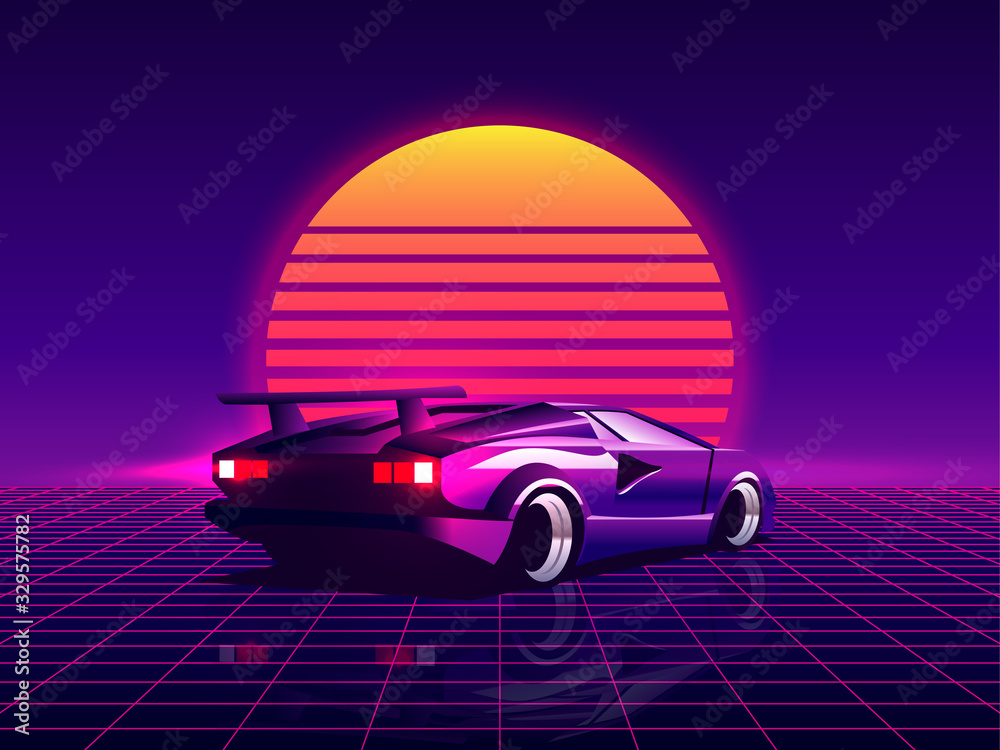 Ταπετσαρία Retro futuristic back side view 80s supercar on trendy synthwave / vaporwave / cyberpunk sunset background