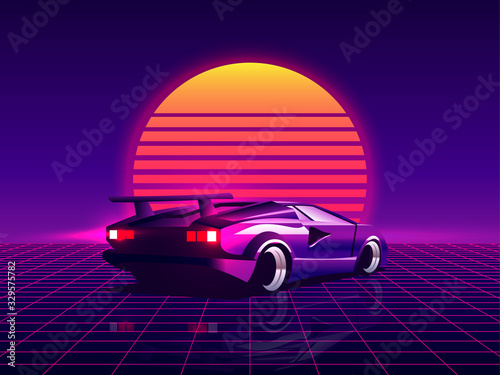 Retro futuristic back side view 80s supercar on trendy synthwave / vaporwave / cyberpunk sunset background. Back to 80's concept. Template design for poster, flyer or banner. Vector illustration.