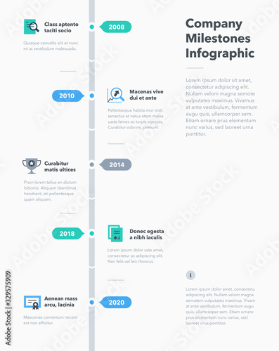 Modern business infographic for company milestones timeline template with flat icons. Easy to use for your website or presentation.