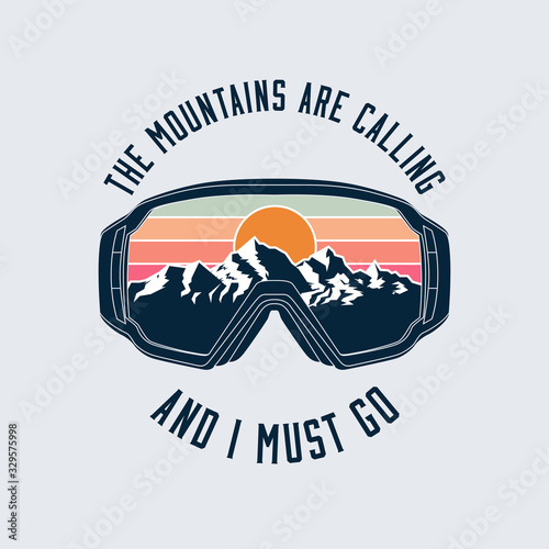 Snowboarding or ski goggles protective mask emblem with mountains landscape reflection. Vector illustration.