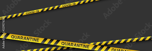 Warning coronavirus quarantine banner with yellow and black stripes. Black background with copy space. Quarantine biohazard sign. Vector.