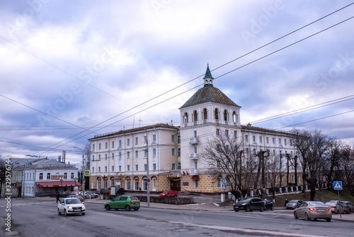  View of Bolshaya Moskovskaya street. Translation: Shesh-besh restaurant, barbecue, grill, khachapuri, pizza Toto, hotel Vladimir, restaurant photo