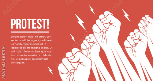 Group of white raised up fists arms of protesting peoples. Protest, demonstration, meeting concept vector illustration. photo