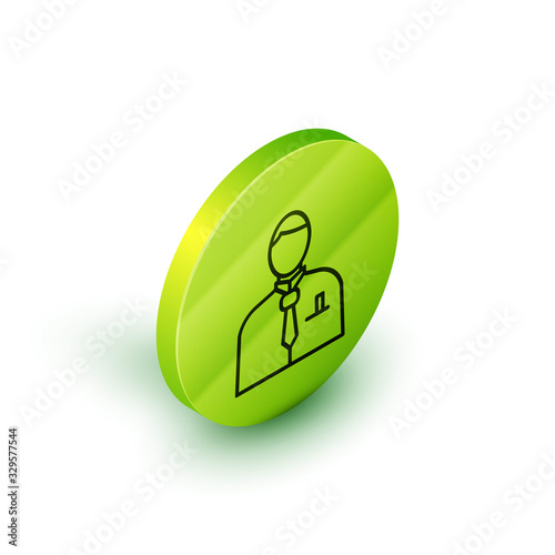 Isometric line Businessman or stock market trader icon isolated on white background. Green circle button. Vector Illustration