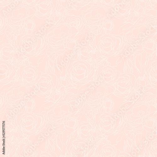 White contours of rose flowers on softness pink background. Ornate nature floral vector seamless pattern. Softness template for design, textile, wallpaper, carton, banner, web site background. © Irina Ikar