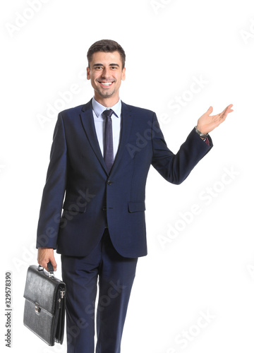 Male bank manager showing something on white background