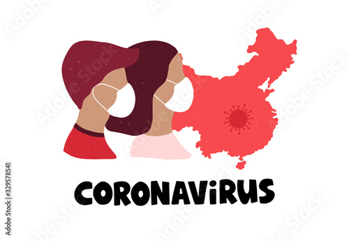 Coronavirus hand drawn flat vector illustration. People in protective medical mask