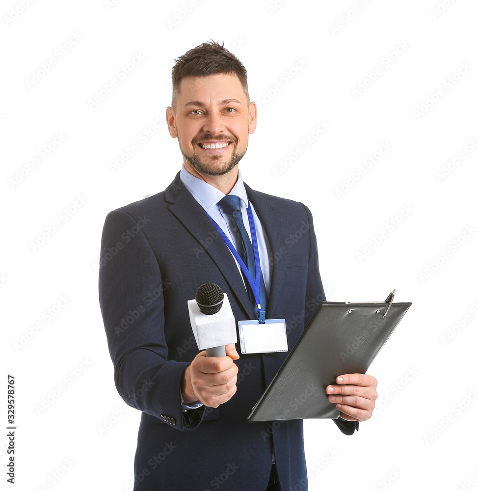 Male journalist with microphone on white background Male journalist with microphone on white background