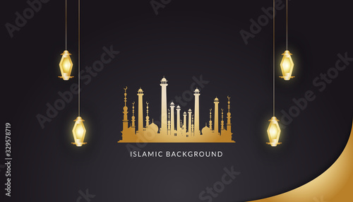 Islamic Background with Golden Lanterns and Magnificent Mosque photo