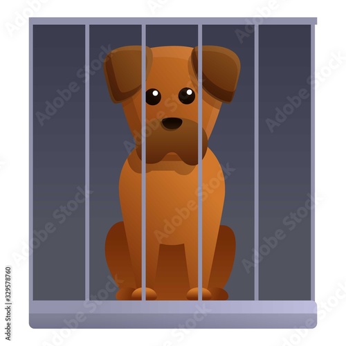 Sad dog in shelter cage icon. Cartoon of sad dog in shelter cage vector icon for web design isolated on white background