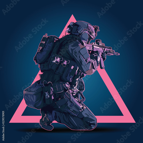 Vector Policeman Tactical Shoot Illustration. Armed police military preparing to shoot with automatic rifle.