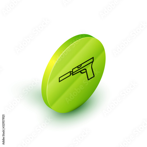 Isometric line Pistol or gun with silencer icon isolated on white background. Green circle button. Vector Illustration