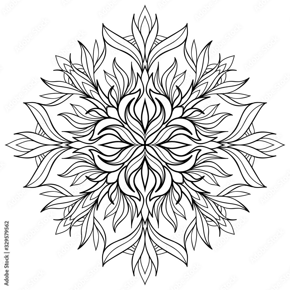 Floral mandala with decorative leaves and small patterns on white isolated background. For coloring book pages.