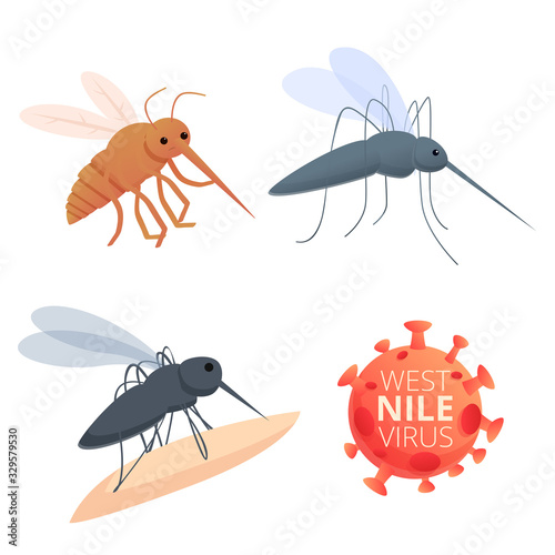 West nile virus icons set. Cartoon set of west nile virus vector icons for web design