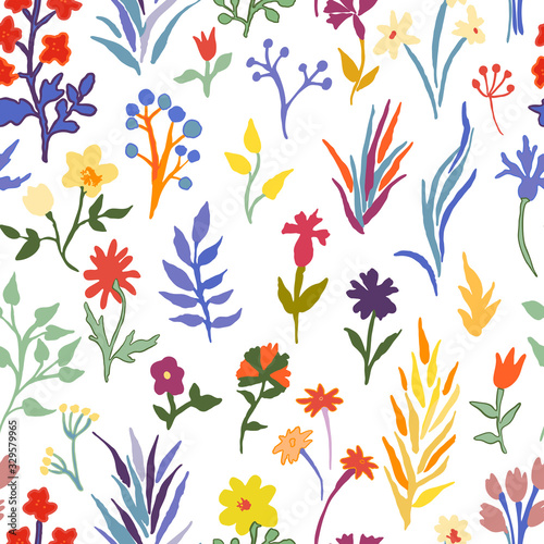 Seamless pattern with cute floral elements. Vector stock background with doodle style flowers, leaves, petals and berries.