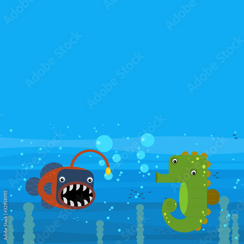 Happy cartoon undersea scene with swimming coral reef fishes illustration