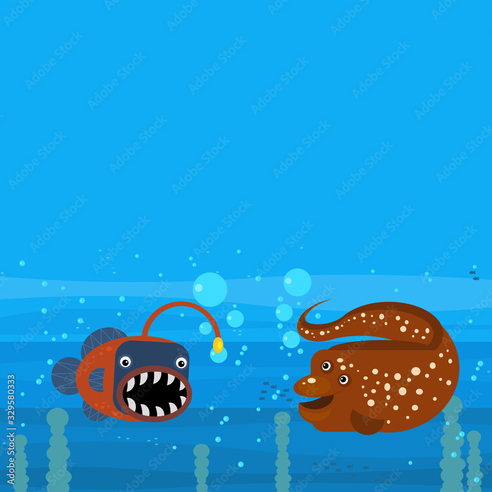 Happy cartoon undersea scene with swimming coral reef fishes illustration Happy cartoon undersea scene with swimming coral reef fishes illustration