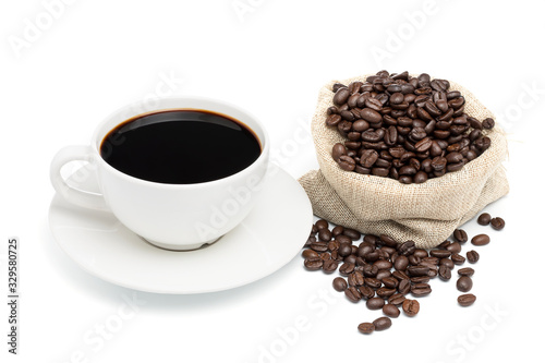 Coffee cup with coffee beans on a white background