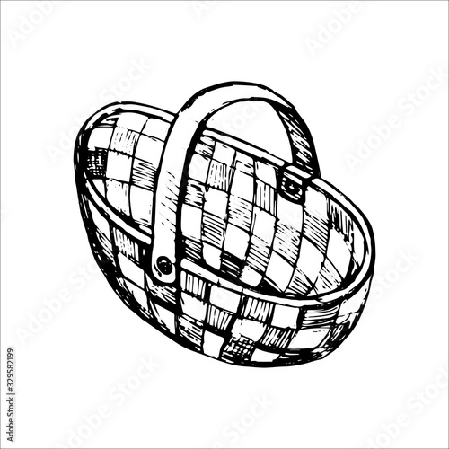 Vector sketch of a wicker bast basket, black white isolated on a white background outline drawing. Ink and ink.