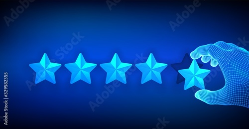 Experience rating and confidence concept. Wireframe hand giving a five star. Increase rating company or ranking, feedback, evaluation and review. Business satisfaction support. Vector illustration.