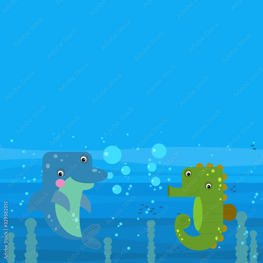 Obraz premium cheerful cartoon underwater scene with swimming coral reef fishes illustration