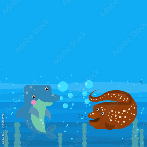 cheerful cartoon underwater scene with swimming coral reef fishes illustration