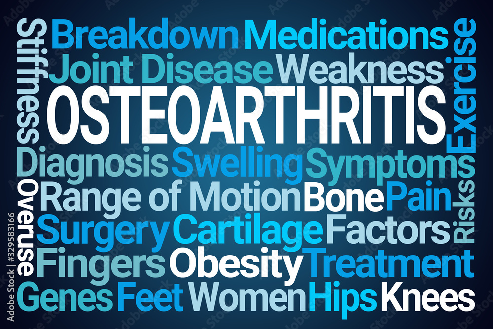 Osteoarthritis Word Cloud on Blue Background Osteoarthritis Word Cloud on Blue Background