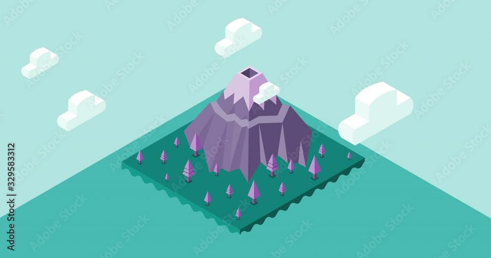 White clouds time lapse or stop motion have snow on purple mountain in forest of pine on island with wave of sea isometric as background.