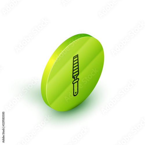 Isometric line Chisel tool for wood icon isolated on white background. Green circle button. Vector Illustration
