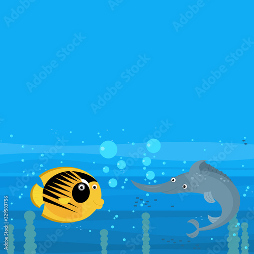 cheerful cartoon underwater scene with swimming coral reef fishes illustration