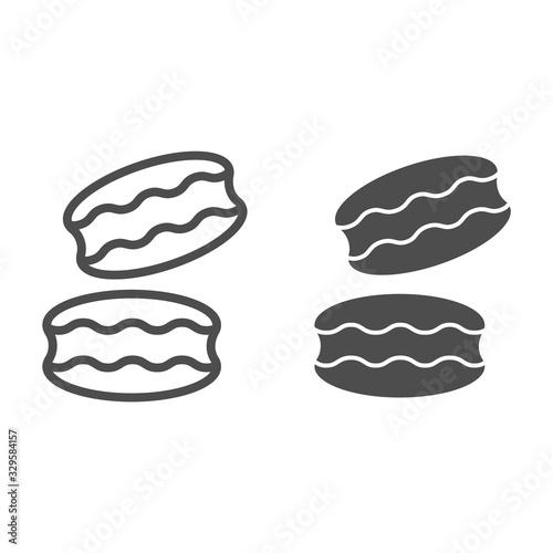 Biscuit line and solid icon. Coconut or ground almonds cookie, macarons symbol, outline style pictogram on white background. Bakery shop sign for mobile concept and web design. Vector graphics.