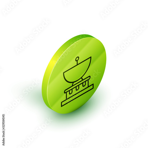 Isometric line Planet Saturn with planetary ring system icon isolated on white background. Green circle button. Vector Illustration