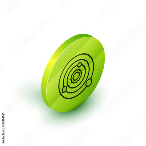 Isometric line Solar system icon isolated on white background. The planets revolve around the star. Green circle button. Vector Illustration