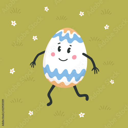 Happy easter greeting card. Colored egg with cute face dancing on a green law...