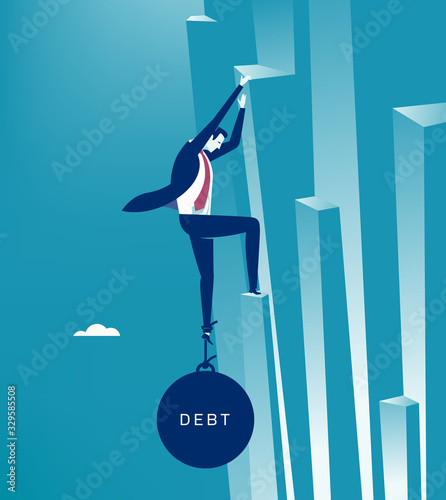 The debt. Businessman climbs a cliff a large iron ball pulls his leg down. Business vector  illustration.