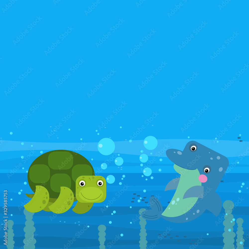 cheerful cartoon underwater scene with swimming coral reef fishes illustration cheerful cartoon underwater scene with swimming coral reef fishes illustration