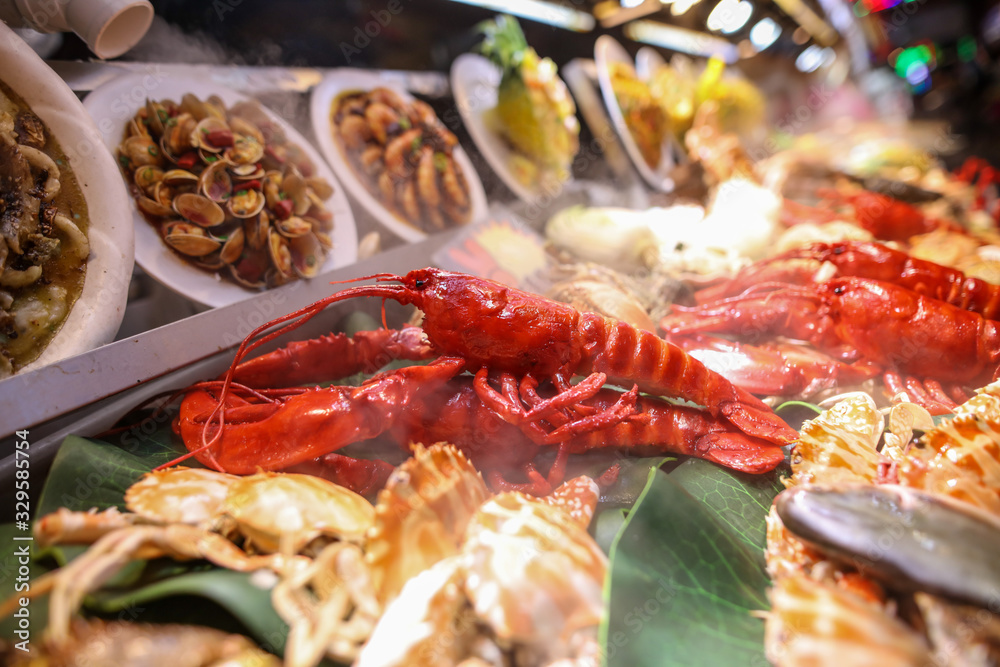 Seafood in a shop window in a cafe. Seafood in a shop window in a cafe.