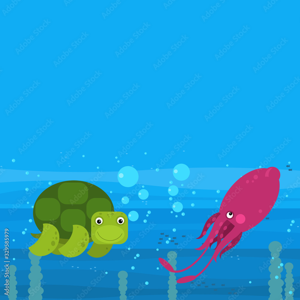 Obraz premium cheerful cartoon underwater scene with swimming coral reef fishes illustration