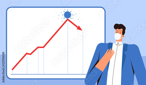 A young businessman in a medical mask is shocked by the collapse of the global economy and the financial crisis due to the 2019-nCov coronavirus. Falling stock chart
